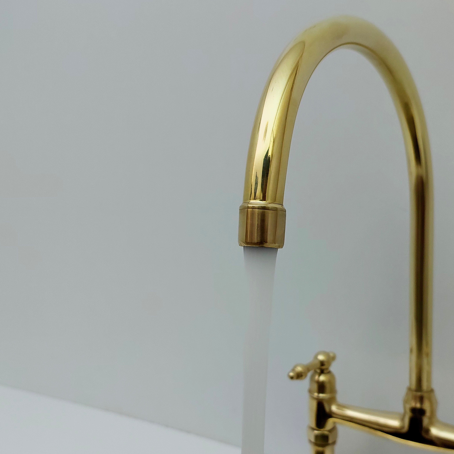 Unlacquered Brass Bridge Faucet with Sprayer, Brass Kitchen Faucet With Lever Handles - Ref: BF2LLB001-SP