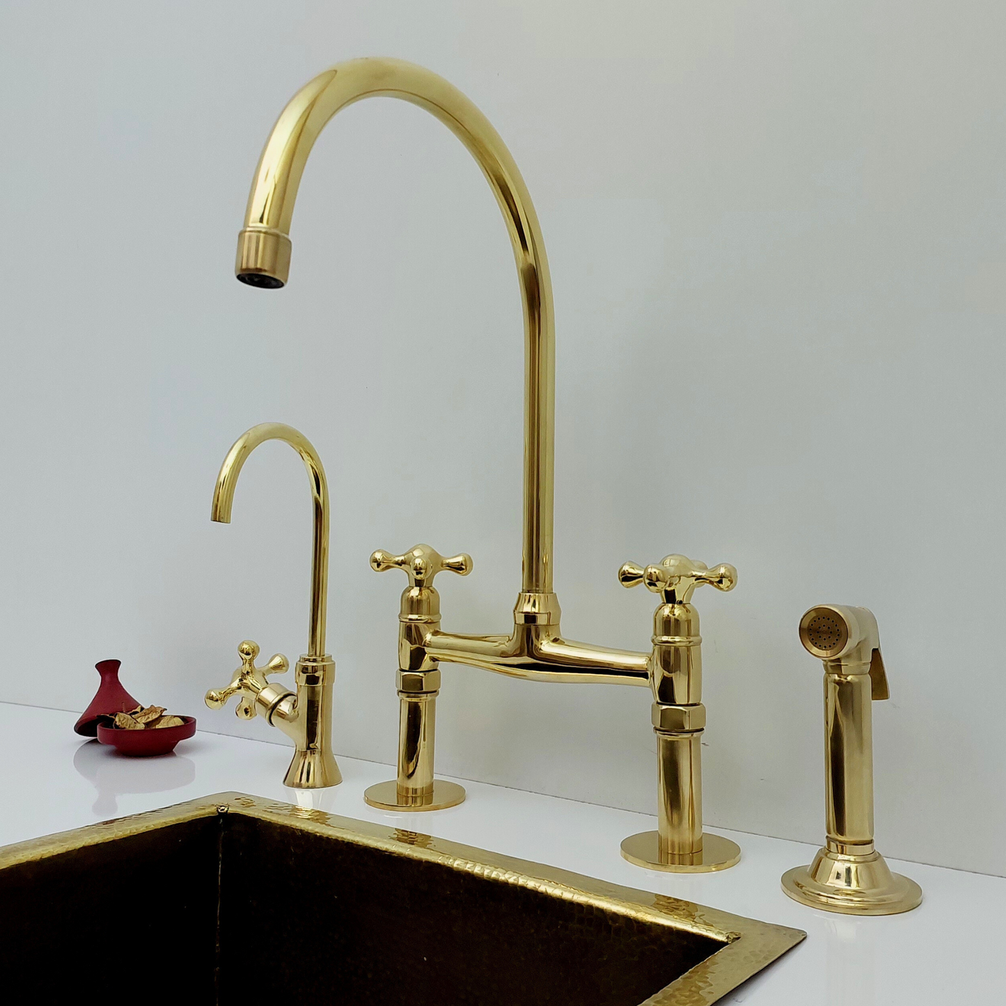 Unlacquered Brass Bridge Faucet with Sprayer and Cold Water Faucet, Brass Kitchen Faucet With Cross Handles - Ref: BF2LCB001-PK