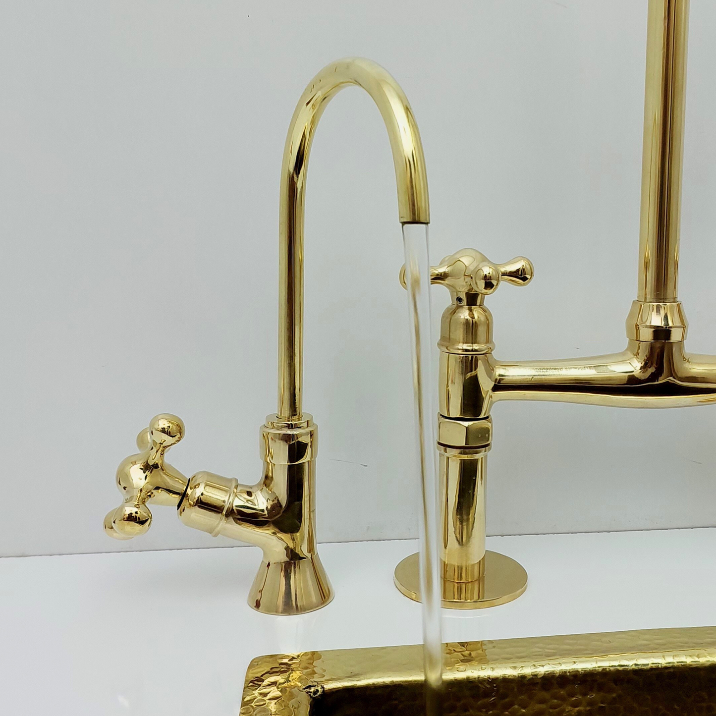 Unlacquered Brass Bridge Faucet with Sprayer and Cold Water Faucet, Brass Kitchen Faucet With Cross Handles - Ref: BF2LCB001-PK