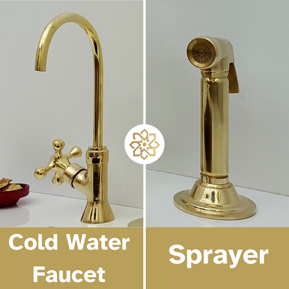 Unlacquered Brass Bridge Faucet with Sprayer and Cold Water Faucet, Brass Kitchen Faucet With Cross Handles - Ref: BF2LCB001-PK