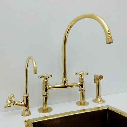 Unlacquered Brass Bridge Faucet with Sprayer and Cold Water Faucet, Brass Kitchen Faucet With Cross Handles - Ref: BF2LCB001-PK