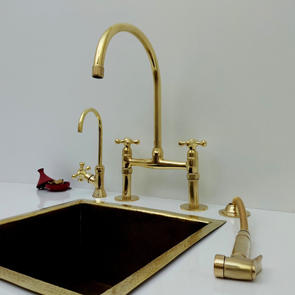 Unlacquered Brass Bridge Faucet with Sprayer and Cold Water Faucet, Brass Kitchen Faucet With Cross Handles - Ref: BF2LCB001-PK