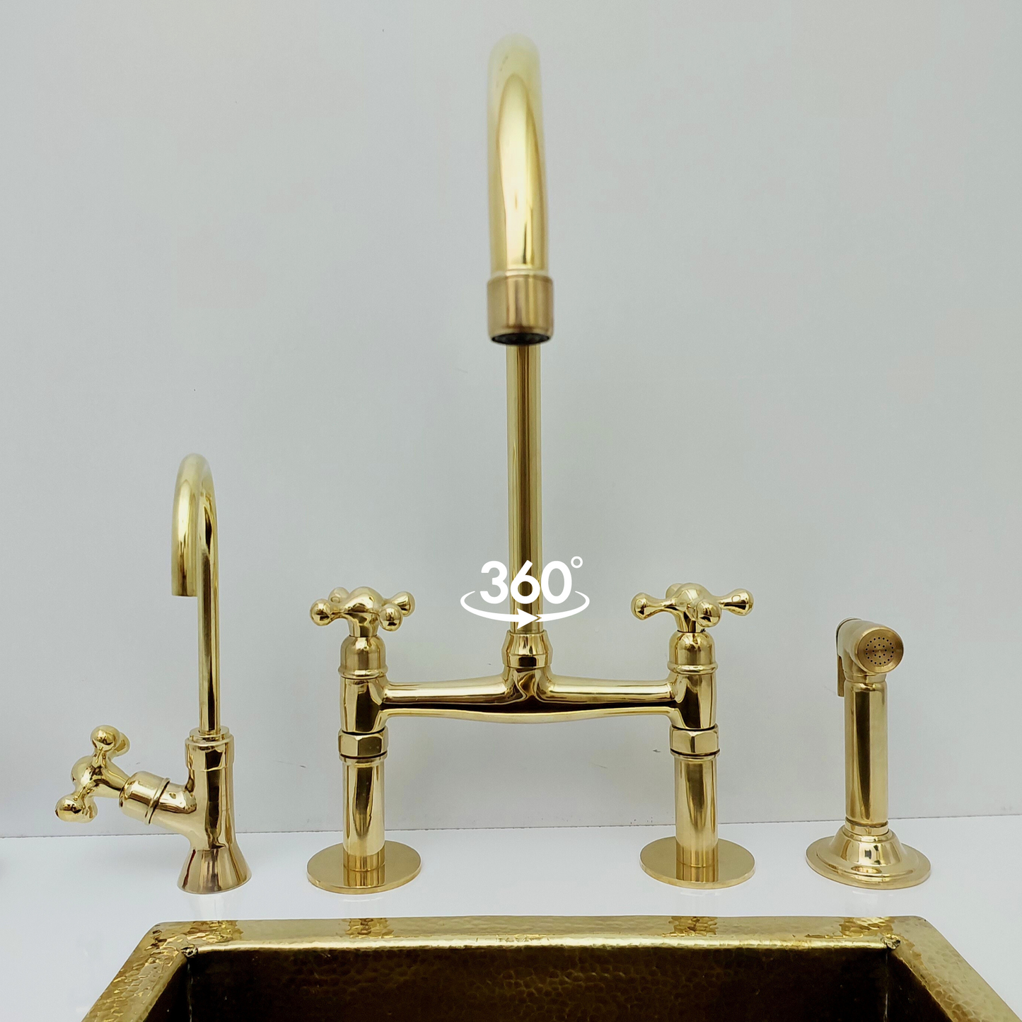 Unlacquered Brass Bridge Faucet with Sprayer and Cold Water Faucet, Brass Kitchen Faucet With Cross Handles - Ref: BF2LCB001-PK