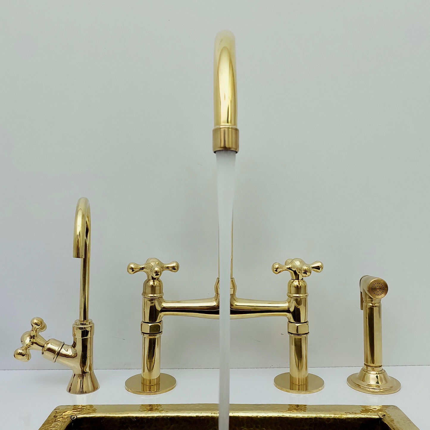 Unlacquered Brass Bridge Faucet with Sprayer and Cold Water Faucet, Brass Kitchen Faucet With Cross Handles - Ref: BF2LCB001-PK