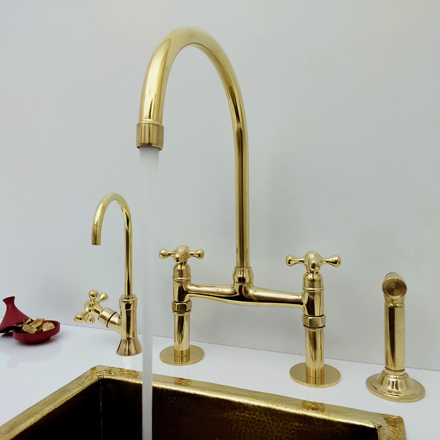 Unlacquered Brass Bridge Faucet with Sprayer and Cold Water Faucet, Brass Kitchen Faucet With Cross Handles - Ref: BF2LCB001-PK