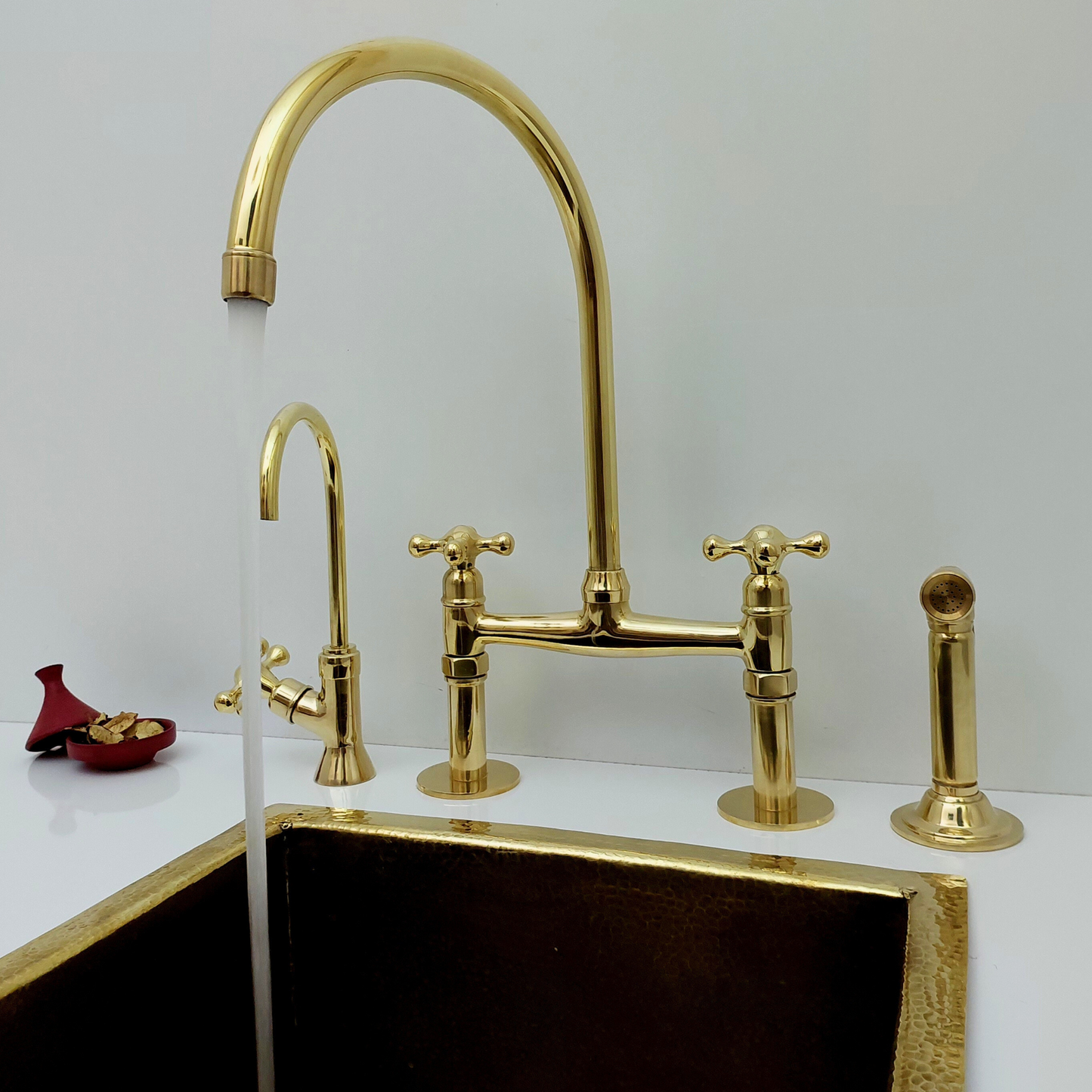 Unlacquered Brass Bridge Faucet with Sprayer and Cold Water Faucet, Brass Kitchen Faucet With Cross Handles - Ref: BF2LCB001-PK