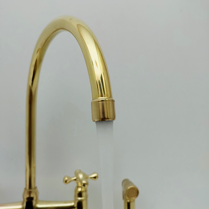 Unlacquered Brass Bridge Faucet with Sprayer and Cold Water Faucet, Brass Kitchen Faucet With Cross Handles - Ref: BF2LCB001-PK