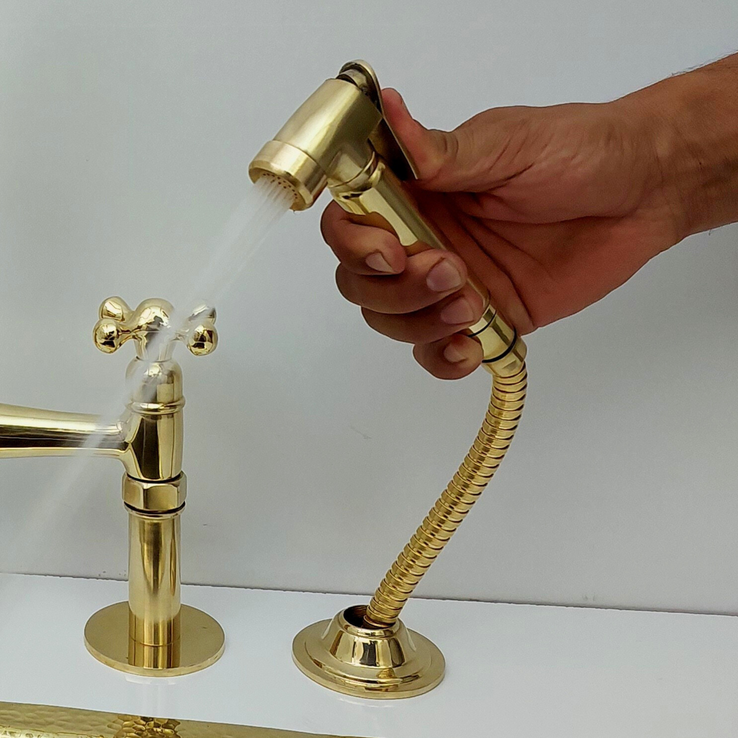 Unlacquered Brass Bridge Faucet with Sprayer and Cold Water Faucet, Brass Kitchen Faucet With Cross Handles - Ref: BF2LCB001-PK