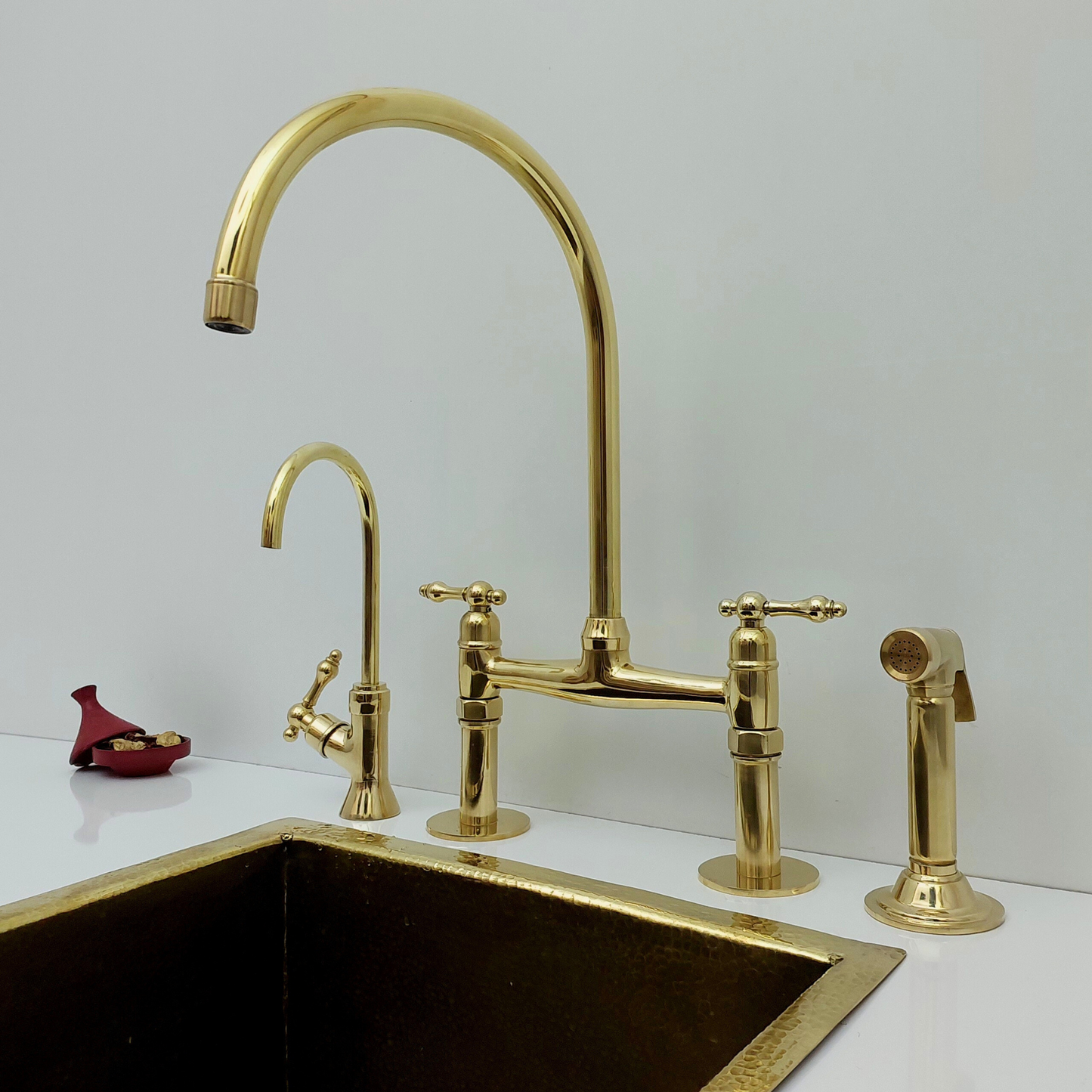 Unlacquered Brass Bridge Faucet with Sprayer and Cold Water Faucet, Brass Kitchen Faucet With Lever Handles - Ref: BF2LLB001-PK