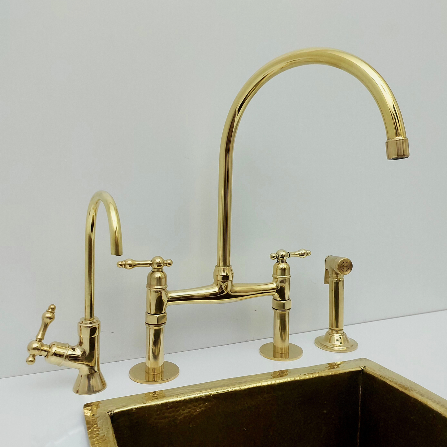 Unlacquered Brass Bridge Faucet with Sprayer and Cold Water Faucet, Brass Kitchen Faucet With Lever Handles - Ref: BF2LLB001-PK