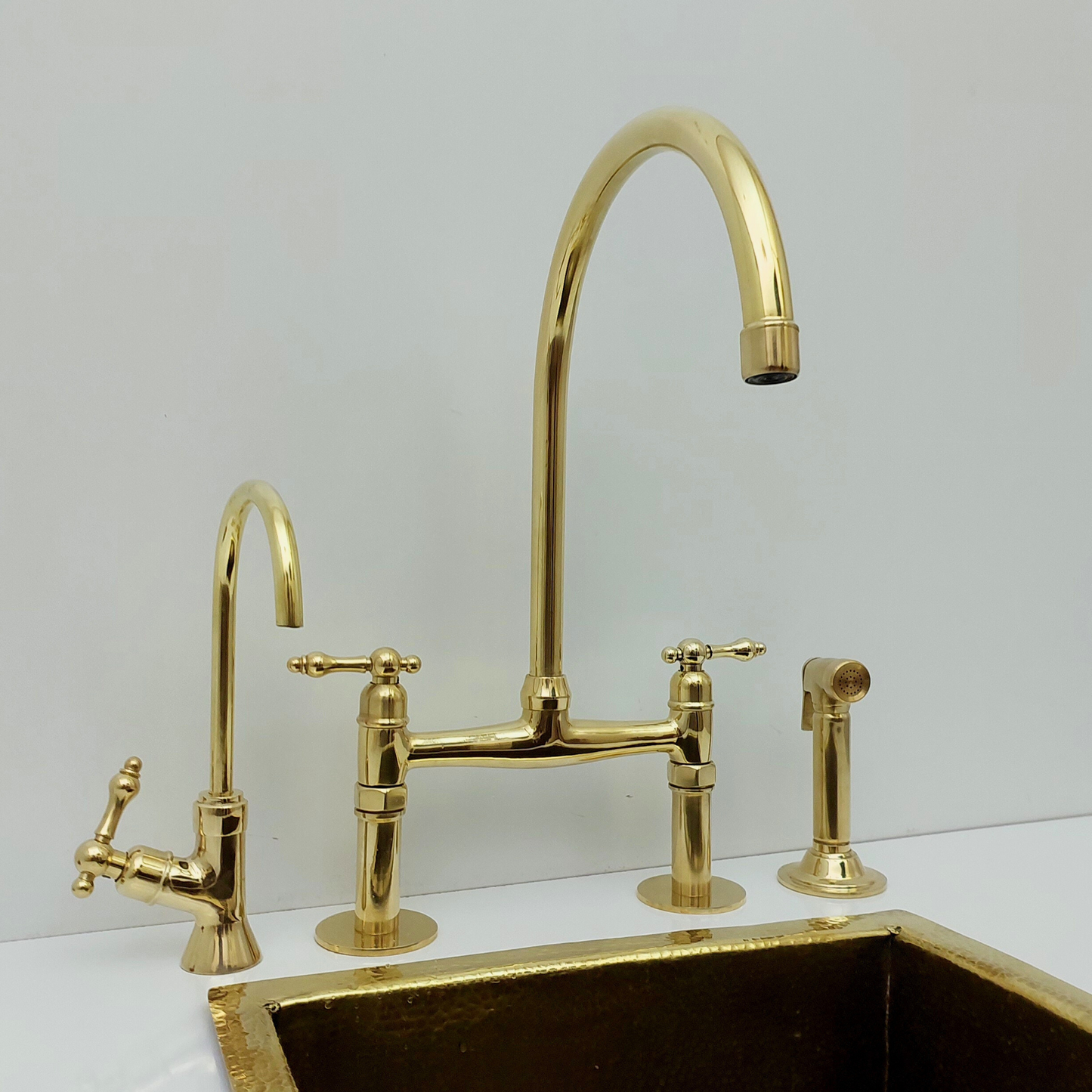 Unlacquered Brass Bridge Faucet with Sprayer and Cold Water Faucet, Brass Kitchen Faucet With Lever Handles - Ref: BF2LLB001-PK