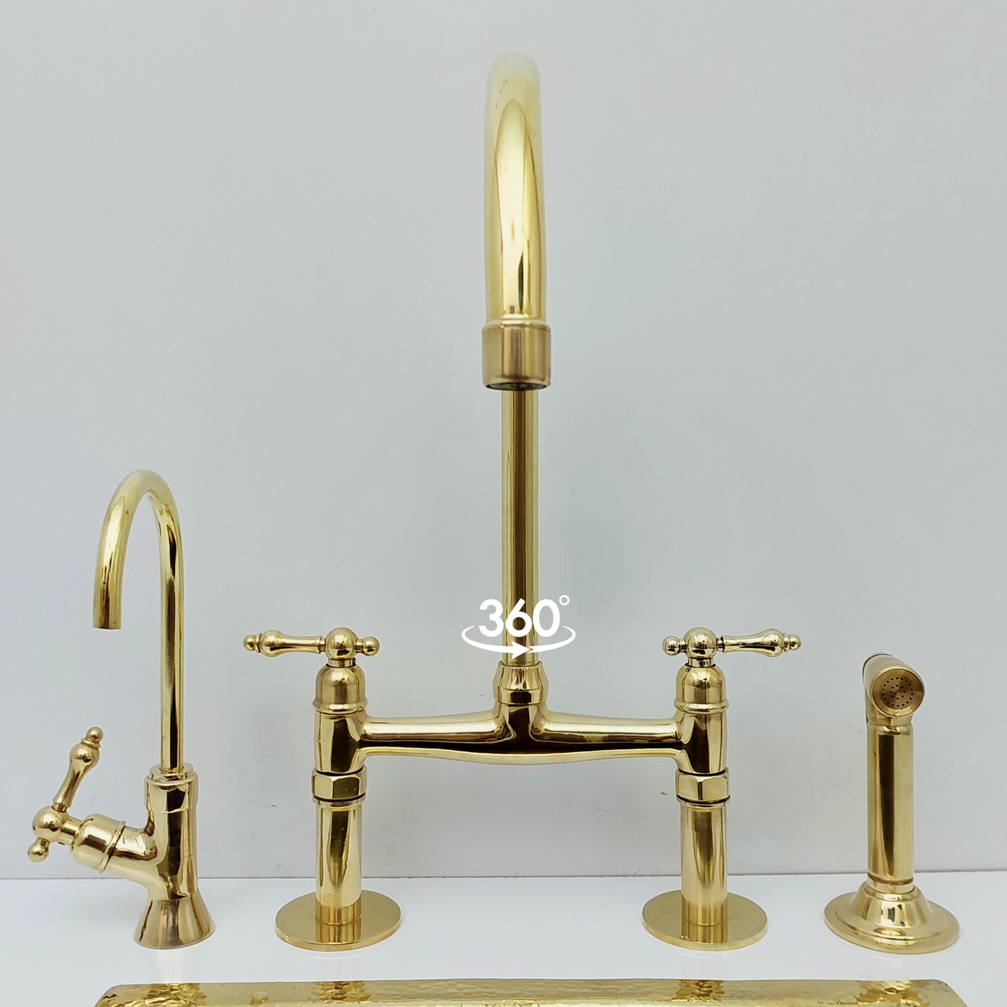 Unlacquered Brass Bridge Faucet with Sprayer and Cold Water Faucet, Brass Kitchen Faucet With Lever Handles - Ref: BF2LLB001-PK