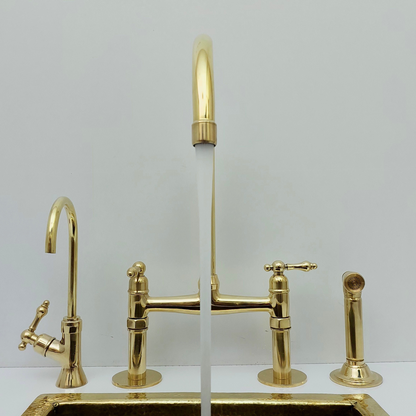 Unlacquered Brass Bridge Faucet with Sprayer and Cold Water Faucet, Brass Kitchen Faucet With Lever Handles - Ref: BF2LLB001-PK