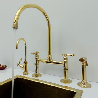 Unlacquered Brass Bridge Faucet with Sprayer and Cold Water Faucet, Brass Kitchen Faucet With Lever Handles - Ref: BF2LLB001-PK