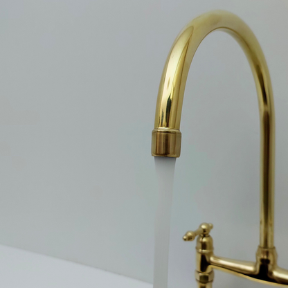 Unlacquered Brass Bridge Faucet with Sprayer and Cold Water Faucet, Brass Kitchen Faucet With Lever Handles - Ref: BF2LLB001-PK