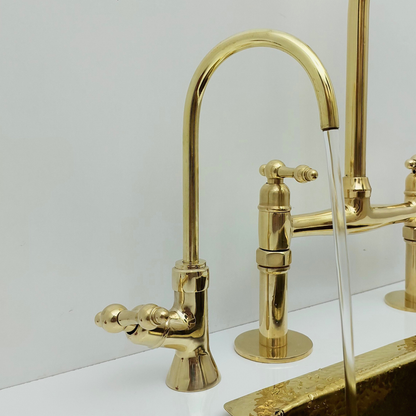 Unlacquered Brass Bridge Faucet with Sprayer and Cold Water Faucet, Brass Kitchen Faucet With Lever Handles - Ref: BF2LLB001-PK