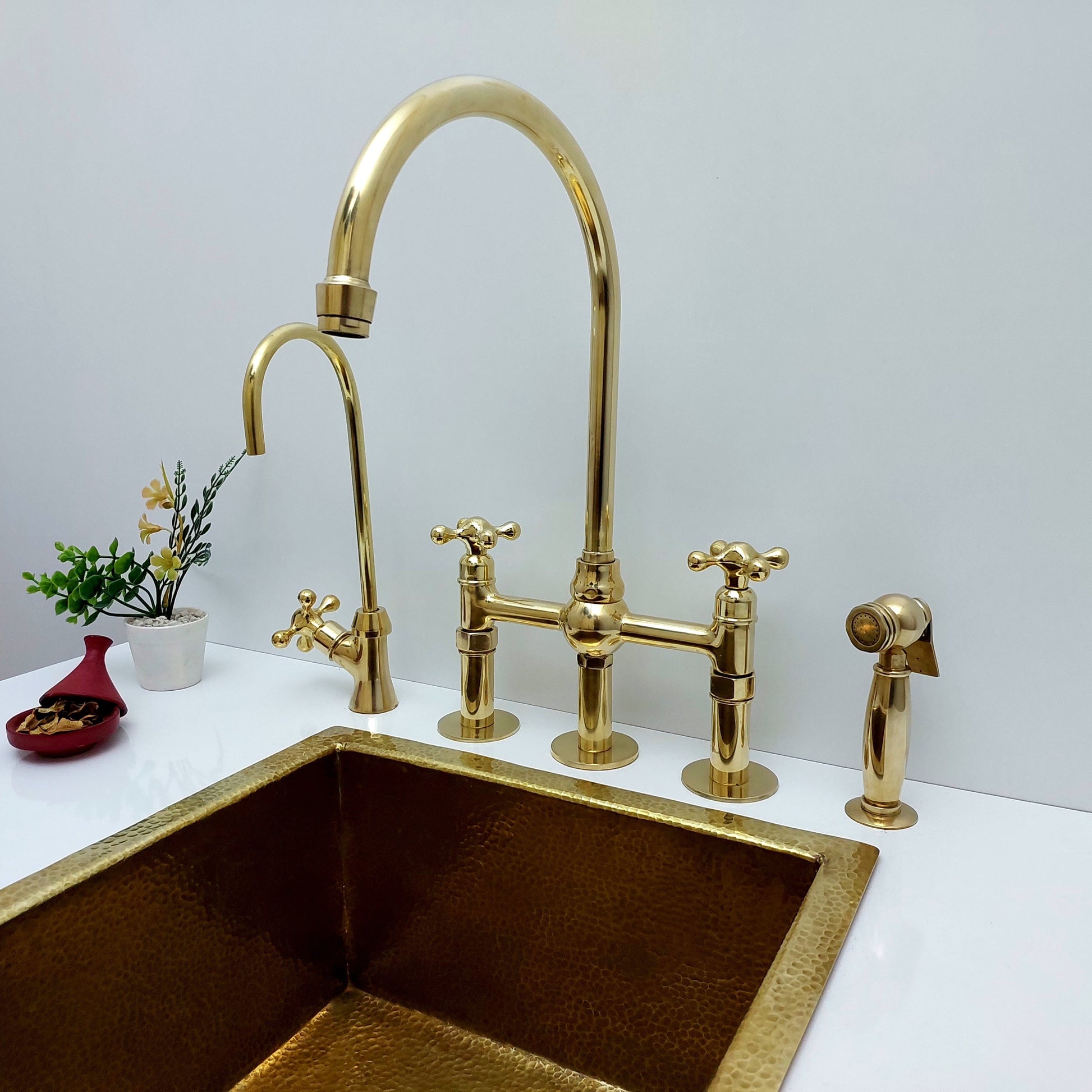 Unlacquered Brass Kitchen Faucet, Solid Brass 8 Bridge Faucet With Cross  Handles and Straight Legs 