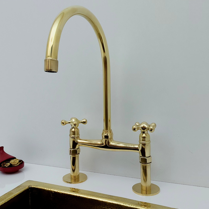 Unlacquered Brass Bridge Kitchen Faucet with Cross Handles - Ref: BF2LCB001