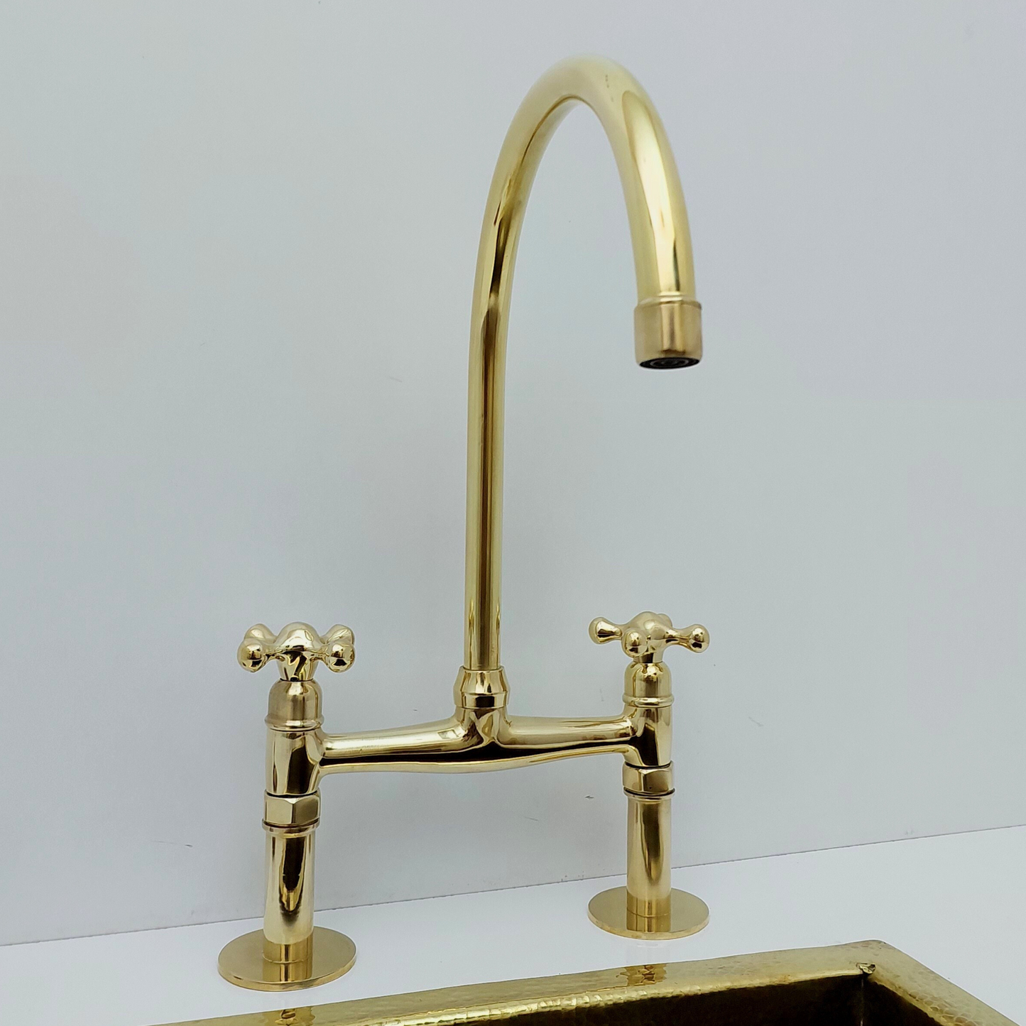 Unlacquered Brass Bridge Kitchen Faucet with Cross Handles - Ref: BF2LCB001