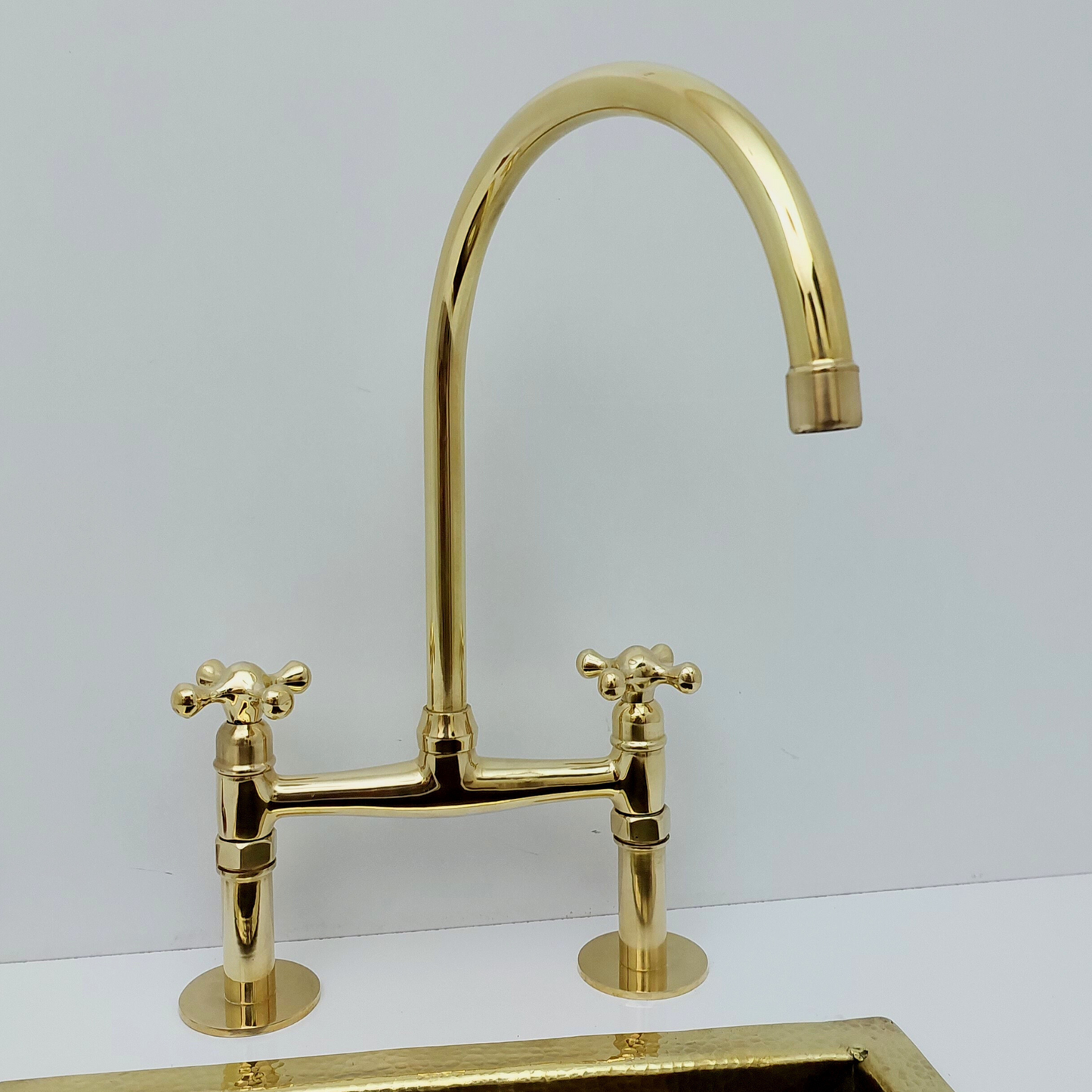 Unlacquered Brass Bridge Kitchen Faucet with Cross Handles - Ref: BF2LCB001