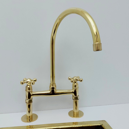 Unlacquered Brass Bridge Kitchen Faucet with Cross Handles - Ref: BF2LCB001