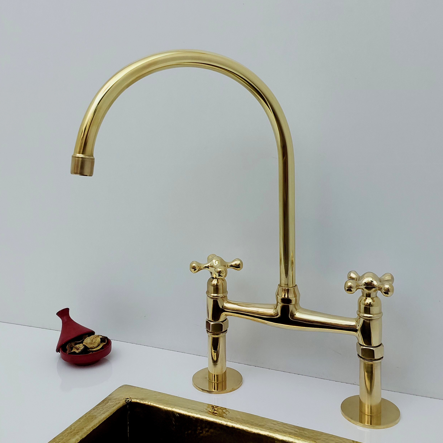 Unlacquered Brass Bridge Kitchen Faucet with Cross Handles - Ref: BF2LCB001