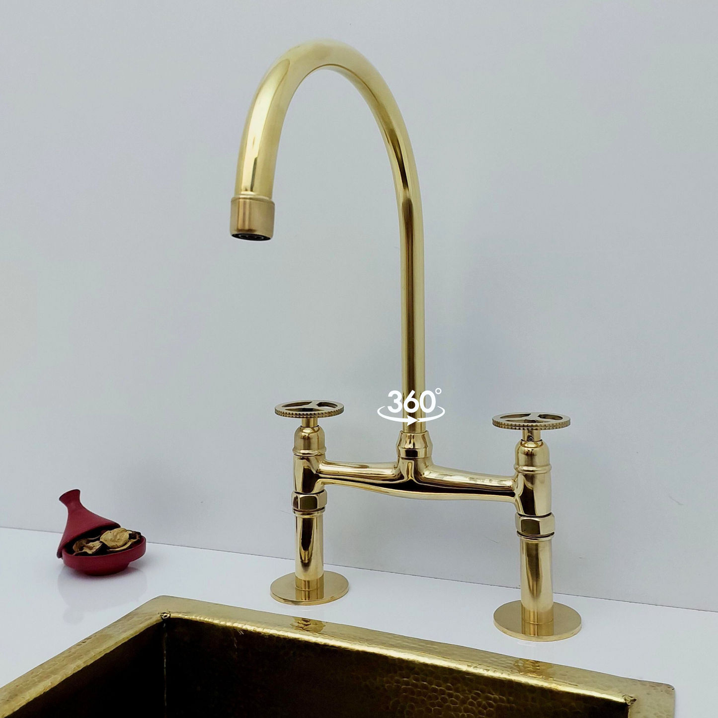 Unlacquered Brass Bridge Kitchen Faucet with Cross Handles - Ref: BF2LCB001