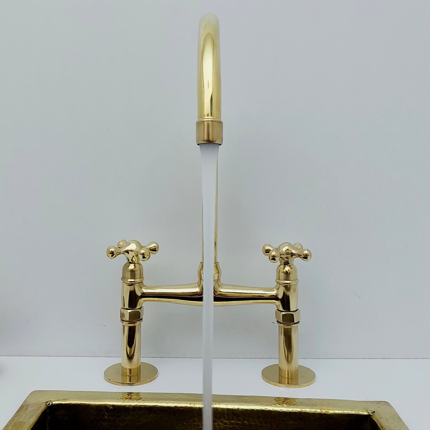 Unlacquered Brass Bridge Kitchen Faucet with Cross Handles - Ref: BF2LCB001