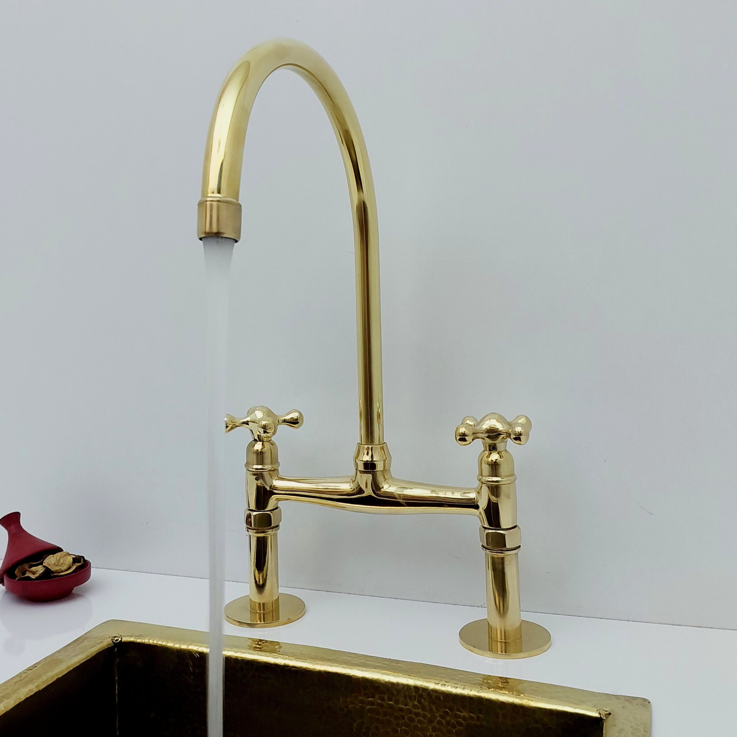 Unlacquered Brass Bridge Kitchen Faucet with Cross Handles - Ref: BF2LCB001