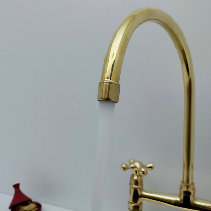 Unlacquered Brass Bridge Kitchen Faucet with Cross Handles - Ref: BF2LCB001