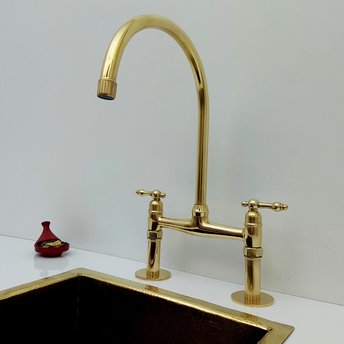 Unlacquered Brass Bridge Kitchen Faucet with Lever Handles - Ref: BF2LLB001