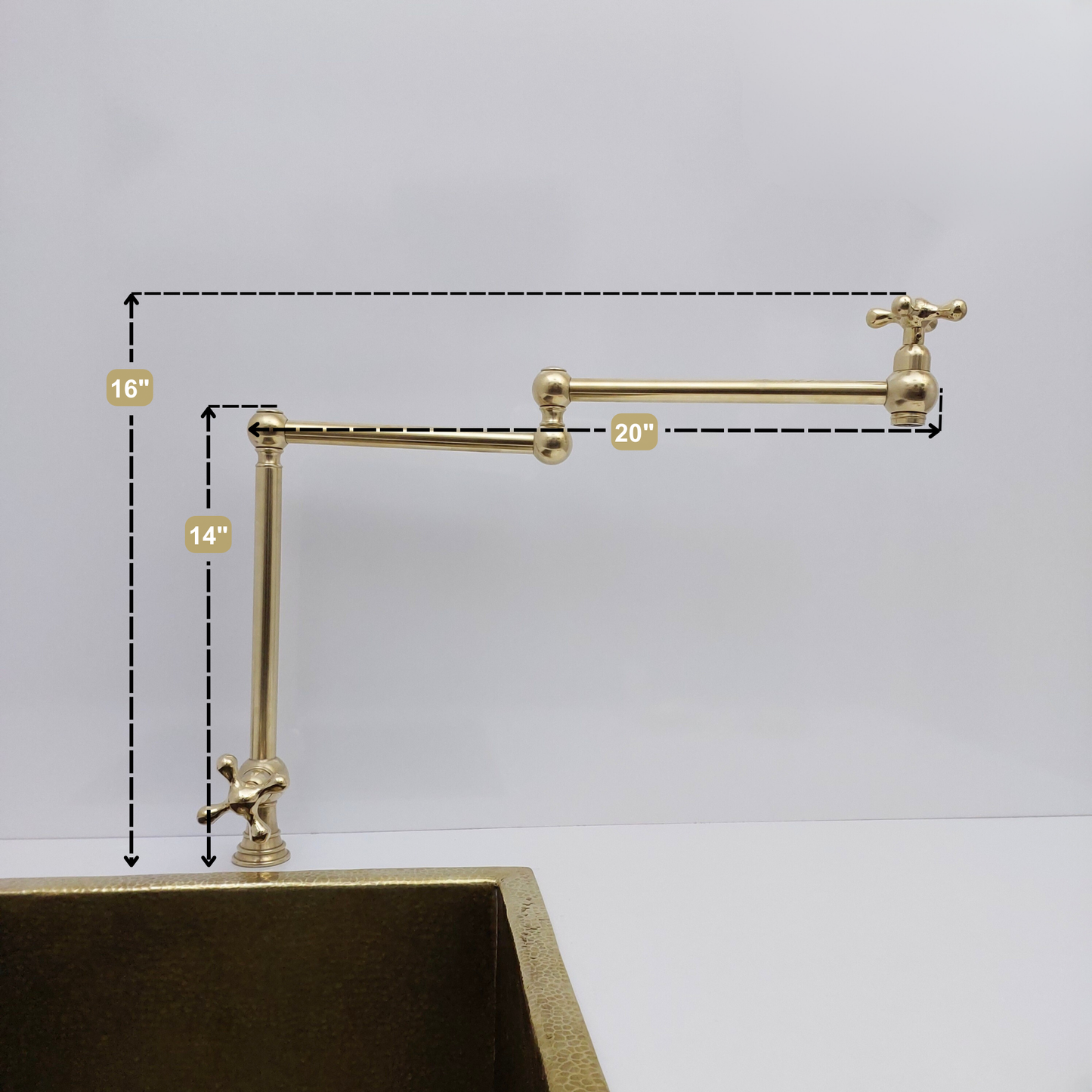 Unlacquered Brass Double Joint Pot Filler, Free standing Solid Brass Pot Filler with Cross Handle - Ref: UBDJPF1C