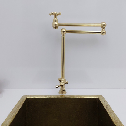 Unlacquered Brass Double Joint Pot Filler, Free standing Solid Brass Pot Filler with Cross Handle - Ref: UBDJPF1C