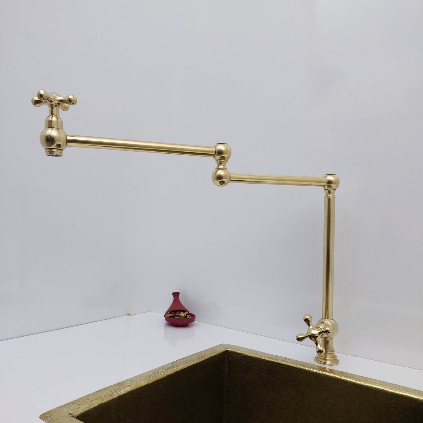 Unlacquered Brass Double Joint Pot Filler, Free standing Solid Brass Pot Filler with Cross Handle - Ref: UBDJPF1C