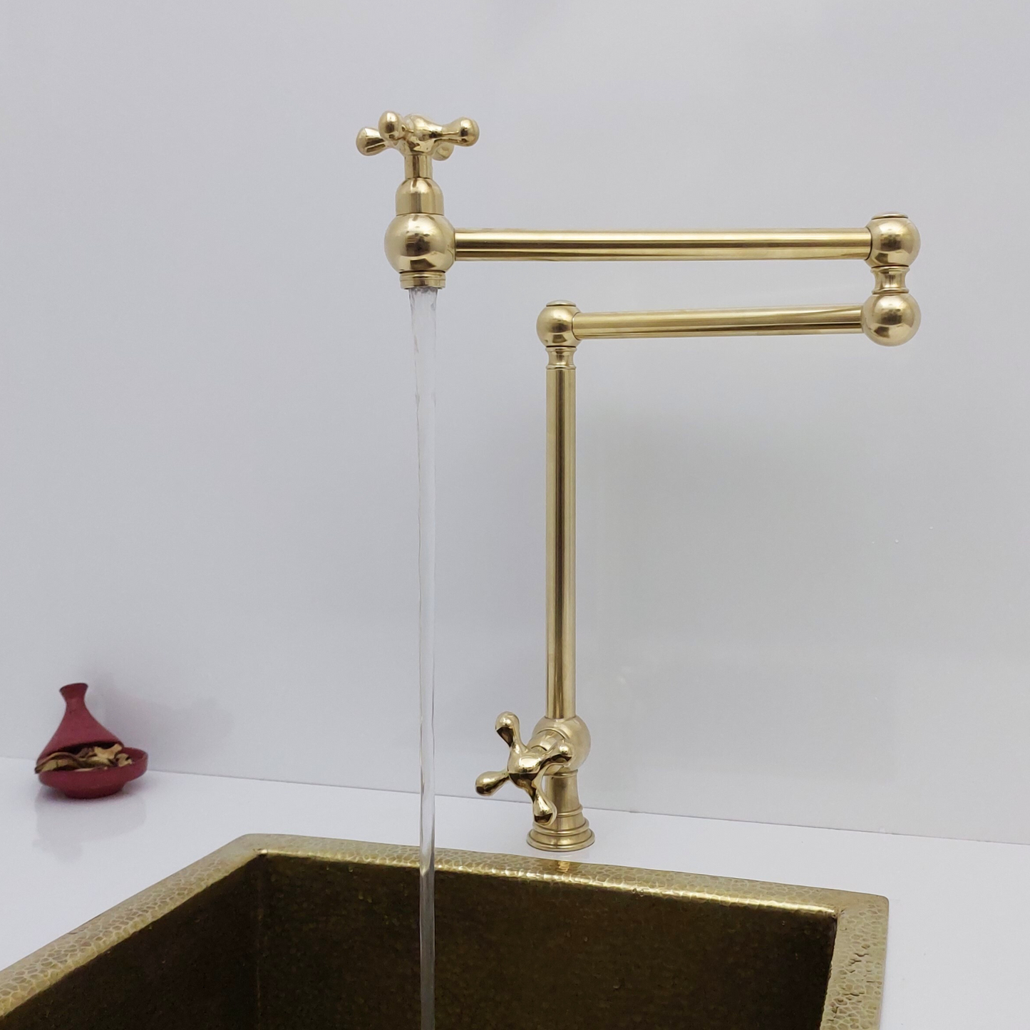 Unlacquered Brass Double Joint Pot Filler, Free standing Solid Brass Pot Filler with Cross Handle - Ref: UBDJPF1C