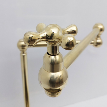 Unlacquered Brass Double Joint Pot Filler, Free standing Solid Brass Pot Filler with Cross Handle - Ref: UBDJPF1C