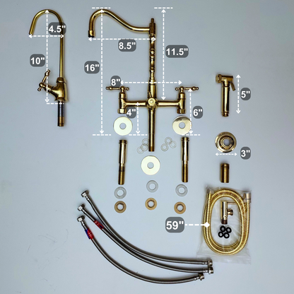 Robinet de pont en laiton non laqué avec pulvérisateur et robinet d'eau froide, robinet de cuisine en laiton avec poignées à levier - Réf: FA068-LCL