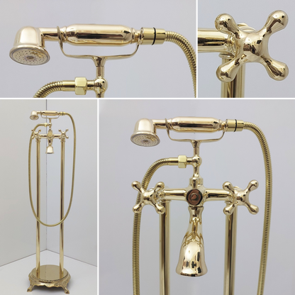 Unlacquered Brass Freestanding Bathtub Faucet, Solid Brass Tub Filler with Handheld Shower Head and Cross Handles - Ref: TF004-C