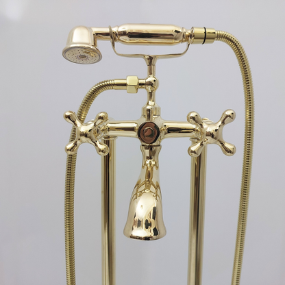 Unlacquered Brass Freestanding Bathtub Faucet, Solid Brass Tub Filler with Handheld Shower Head and Cross Handles - Ref: TF004-C