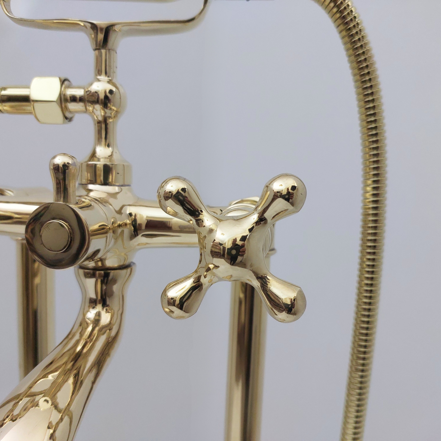 Unlacquered Brass Freestanding Bathtub Faucet, Solid Brass Tub Filler with Handheld Shower Head and Cross Handles - Ref: TF004-C