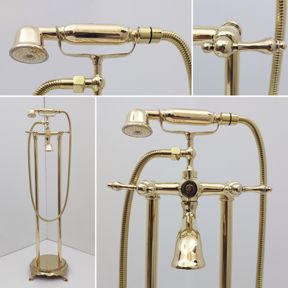 Unlacquered Brass Freestanding Bathtub Faucet, Solid Brass Tub Filler with Handheld Shower Head and Lever Handles - Ref: TF004-L