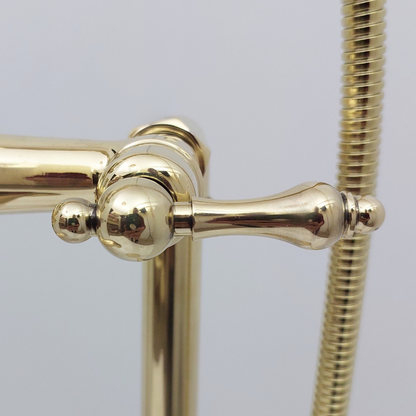 Unlacquered Brass Freestanding Bathtub Faucet, Solid Brass Tub Filler with Handheld Shower Head and Lever Handles - Ref: TF004-L