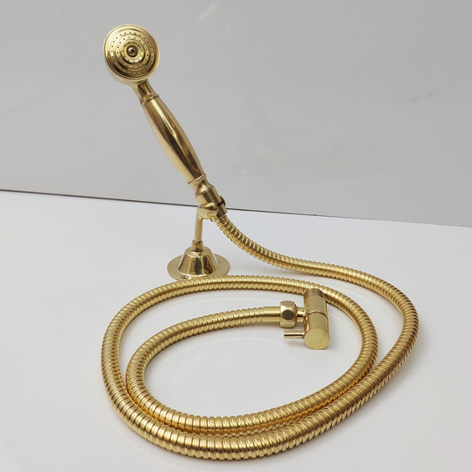 Unlacquered Brass Handheld Shower Head Set, Wall Mount Handheld Shower Head with Flexible Shower Hose and Control Valve - Ref: WMHSV