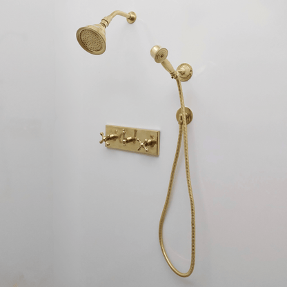 Unlacquered Brass Shower System with Adjustable Round Rain Shower Head, Central Brass Plaque and Cross Handles - Ref: SSPH-AUBC