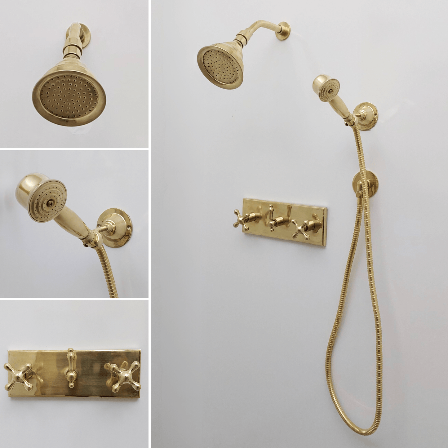 Unlacquered Brass Shower System with Adjustable Round Rain Shower Head, Central Brass Plaque and Cross Handles - Ref: SSPH-AUBC