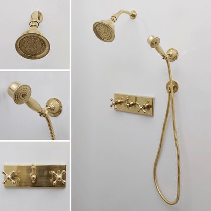 Unlacquered Brass Shower System with Adjustable Round Rain Shower Head, Central Brass Plaque and Cross Handles - Ref: SSPH-AUBC