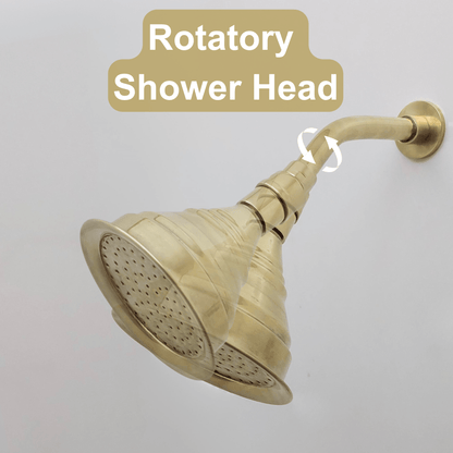 Unlacquered Brass Shower System with Adjustable Round Rain Shower Head, Central Brass Plaque and Cross Handles - Ref: SSPH-AUBC