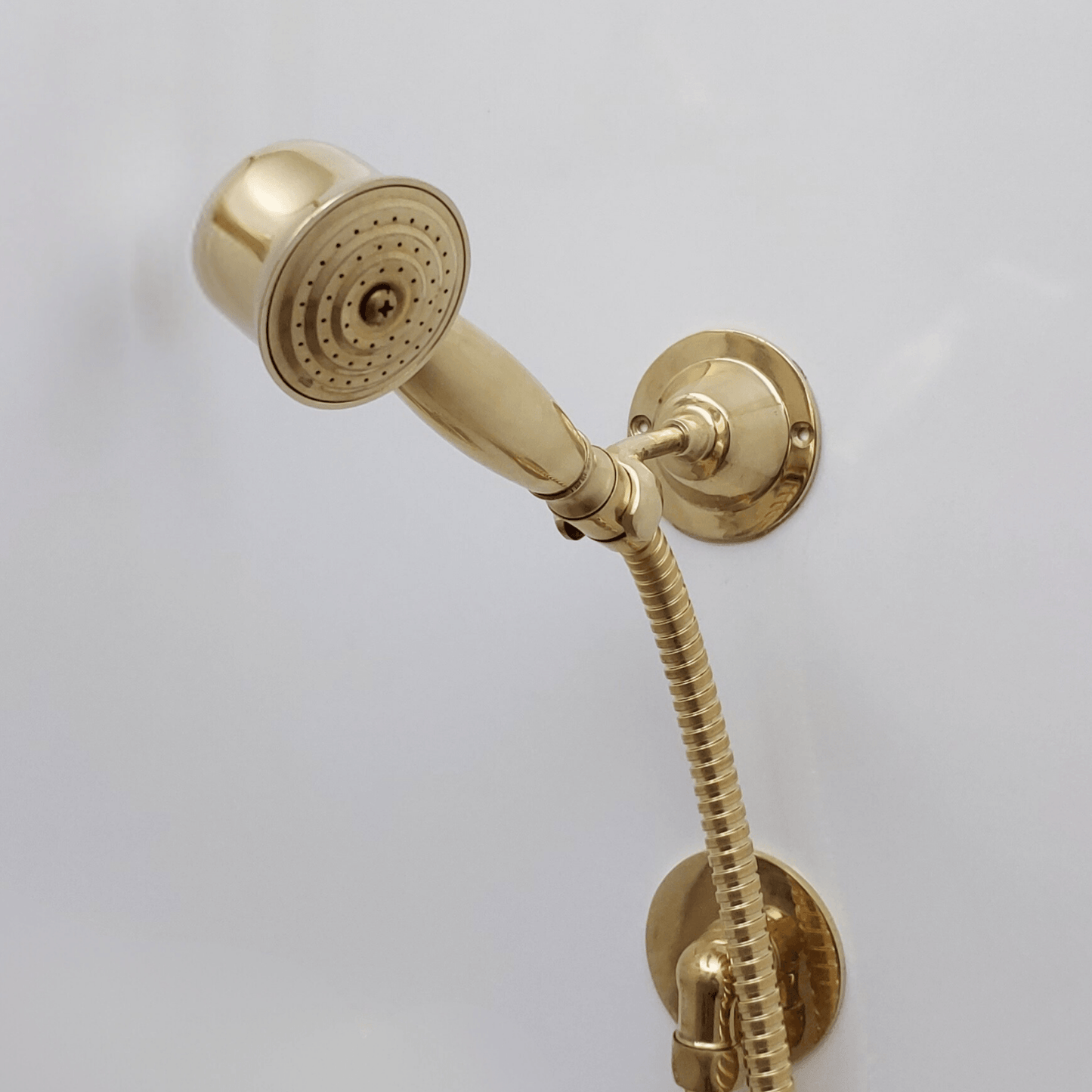 Unlacquered Brass Shower System with Adjustable Round Rain Shower Head, Central Brass Plaque and Cross Handles - Ref: SSPH-AUBC