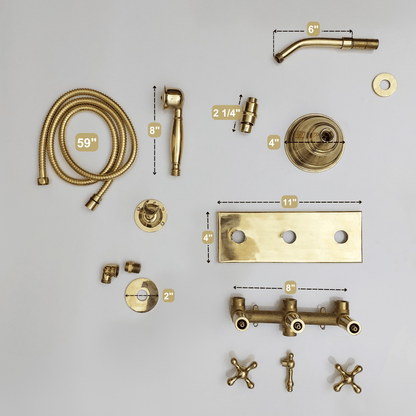 Unlacquered Brass Shower System with Adjustable Round Rain Shower Head, Central Brass Plaque and Cross Handles - Ref: SSPH-AUBC