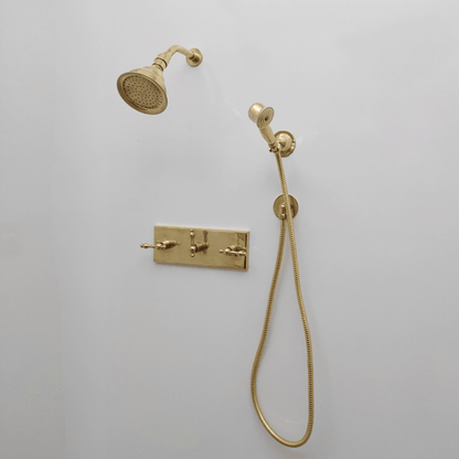 Unlacquered Brass Shower System with Adjustable Round Rain Shower Head, Central Brass Plaque and Lever Handles - Ref: SSPH-AUBL